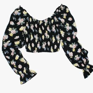 Hollister Black Floral Smocked Balloon‎ Long Sleeve Crop Top Blouse Size S